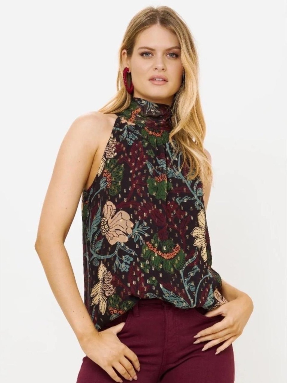 NWOT Oliphant Tie-Back Halter Top in a black brown merlot salmon  size M